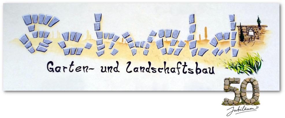 wand-logo-header Ein Unternehmenslogo bei dem die Schrift aus Steinen besteht und einen sonnigen Hintergrund hat.