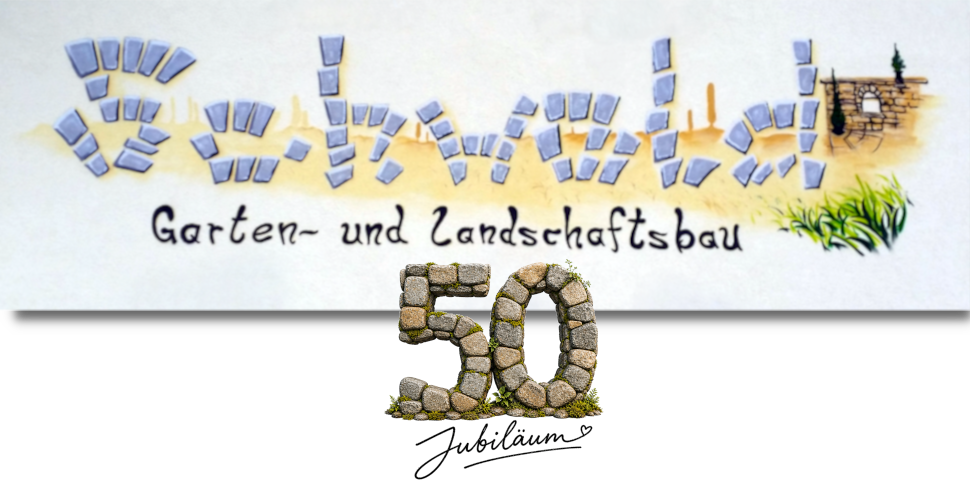 Ein Unternehmenslogo bei dem die Schrift aus Steinen besteht und einen sonnigen Hintergrund hat.
